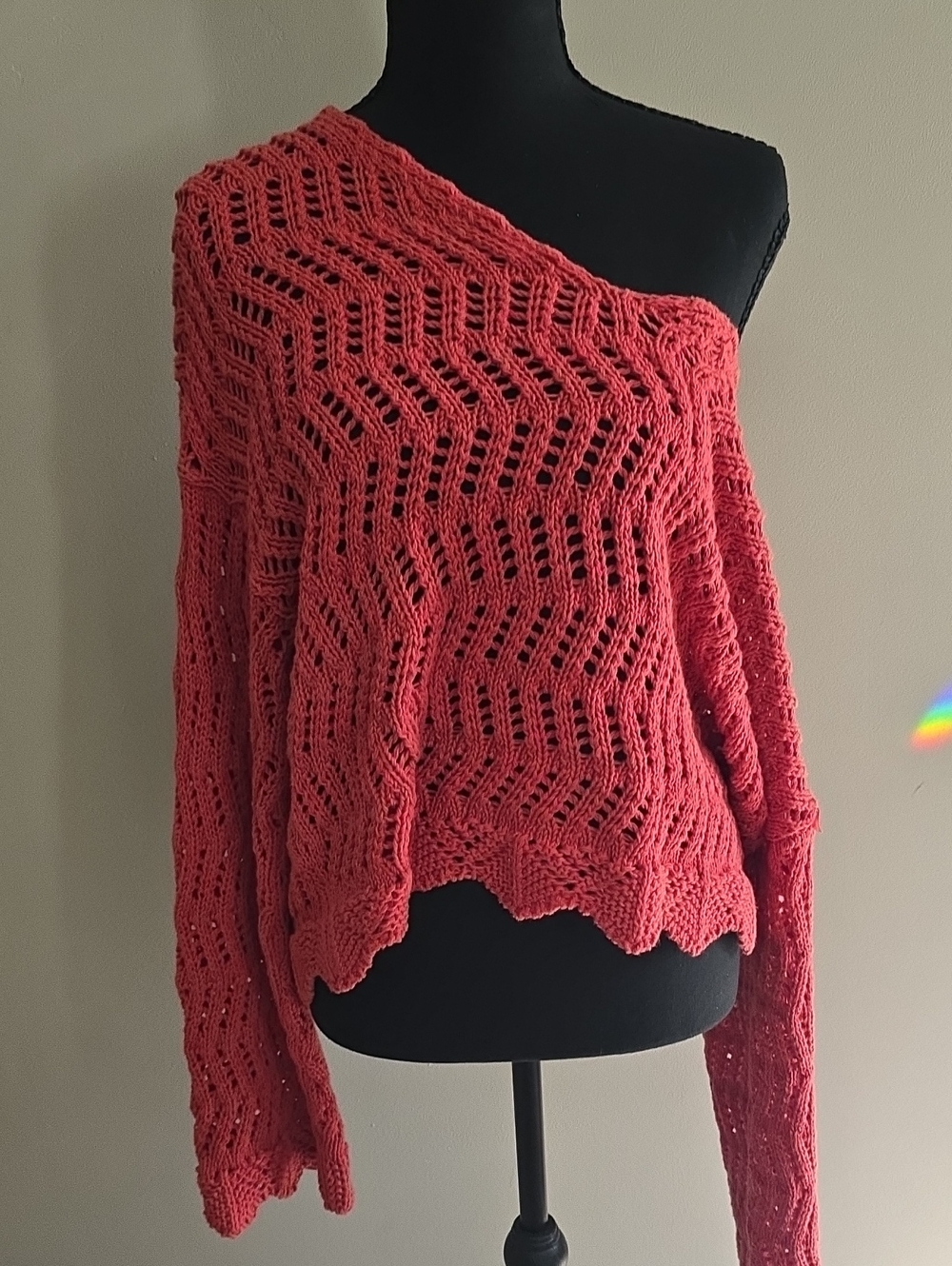 American Eagle Outfitters Coral Open-Weave Off-Shoulder Sweater